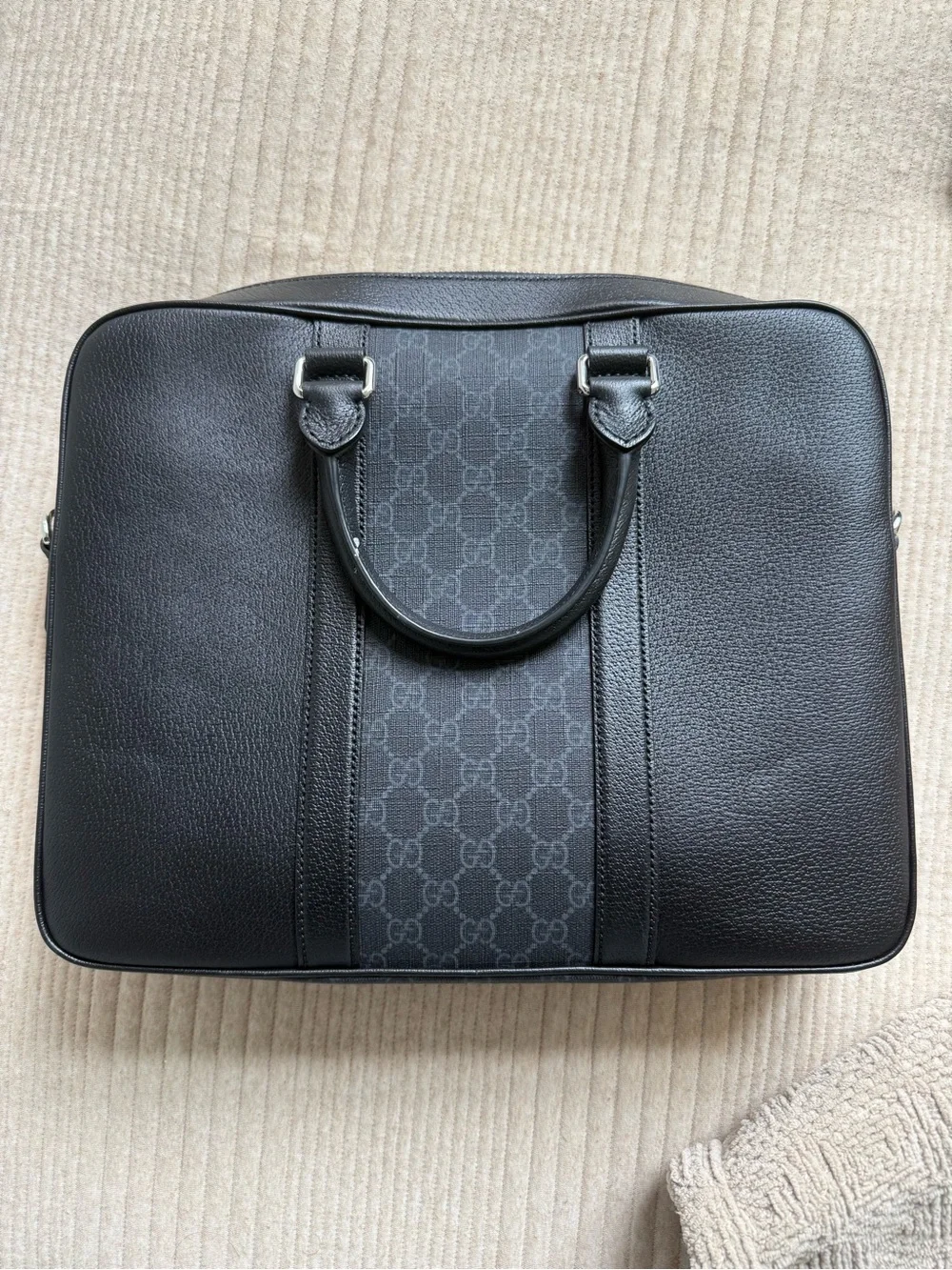 Gucci Black and Gray Men's Leather Briefcase with Signature GG Panel